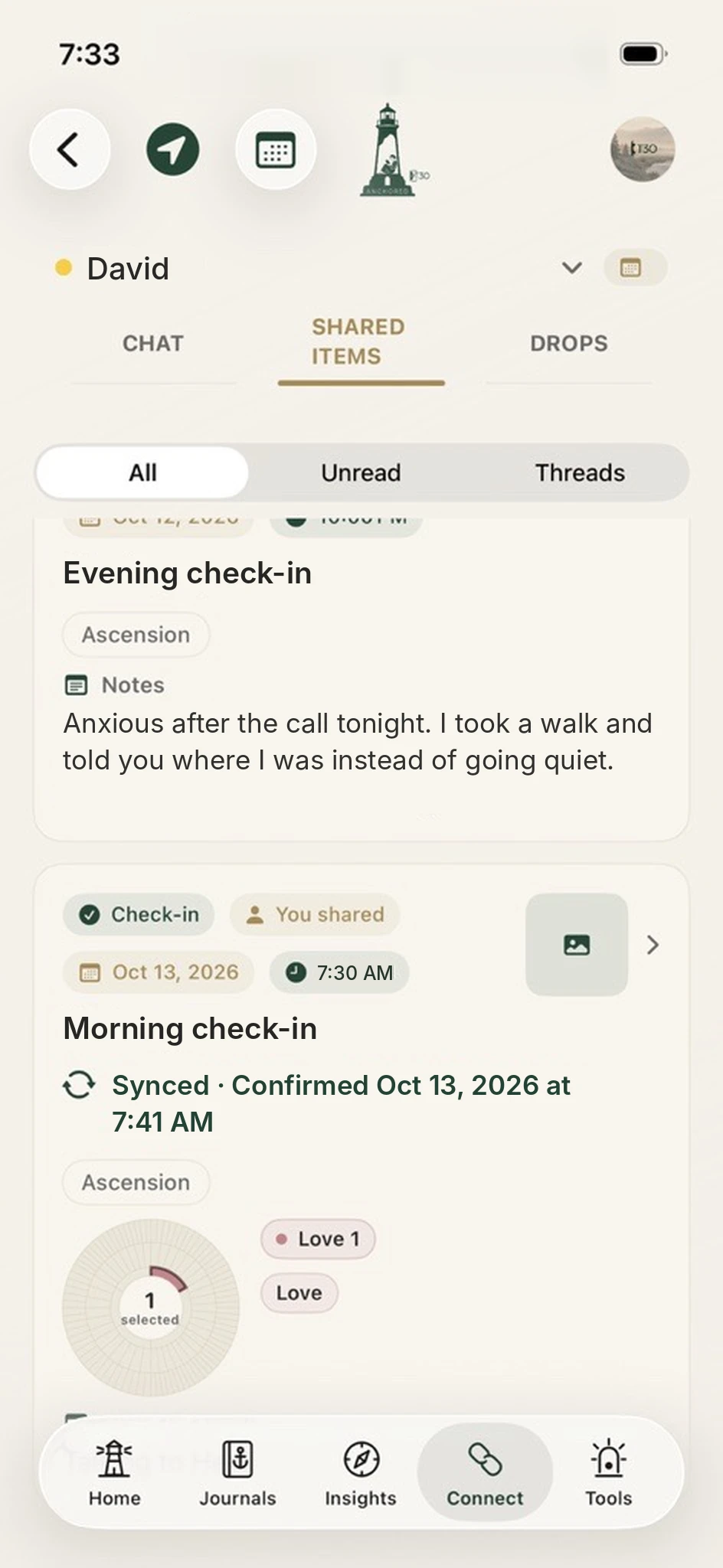 Anchored in-app Shared Items with David: an evening and a morning check-in