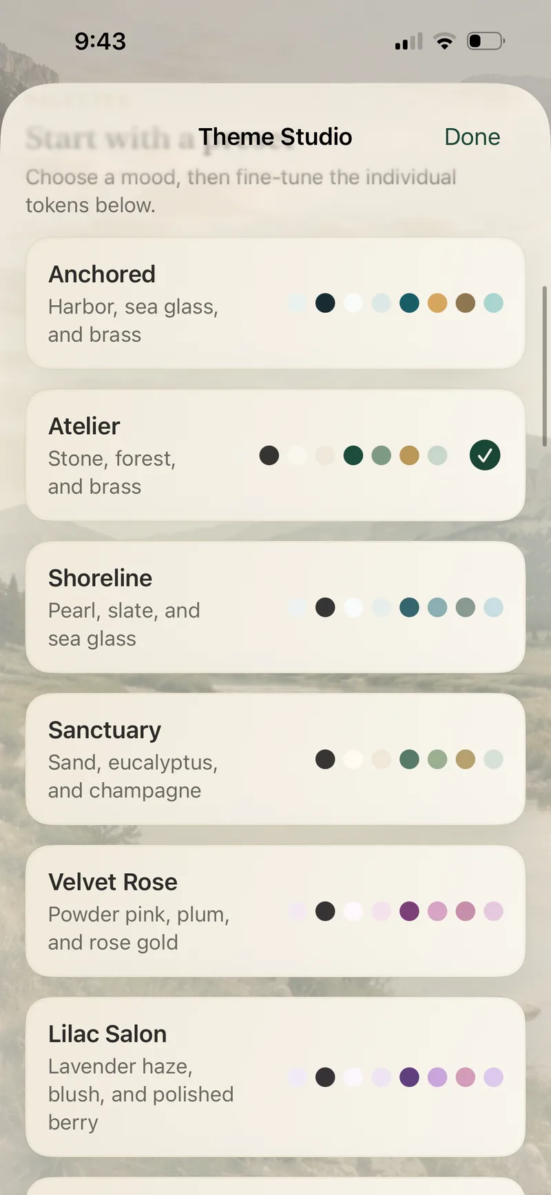 Anchored Theme Studio with palettes to choose from
