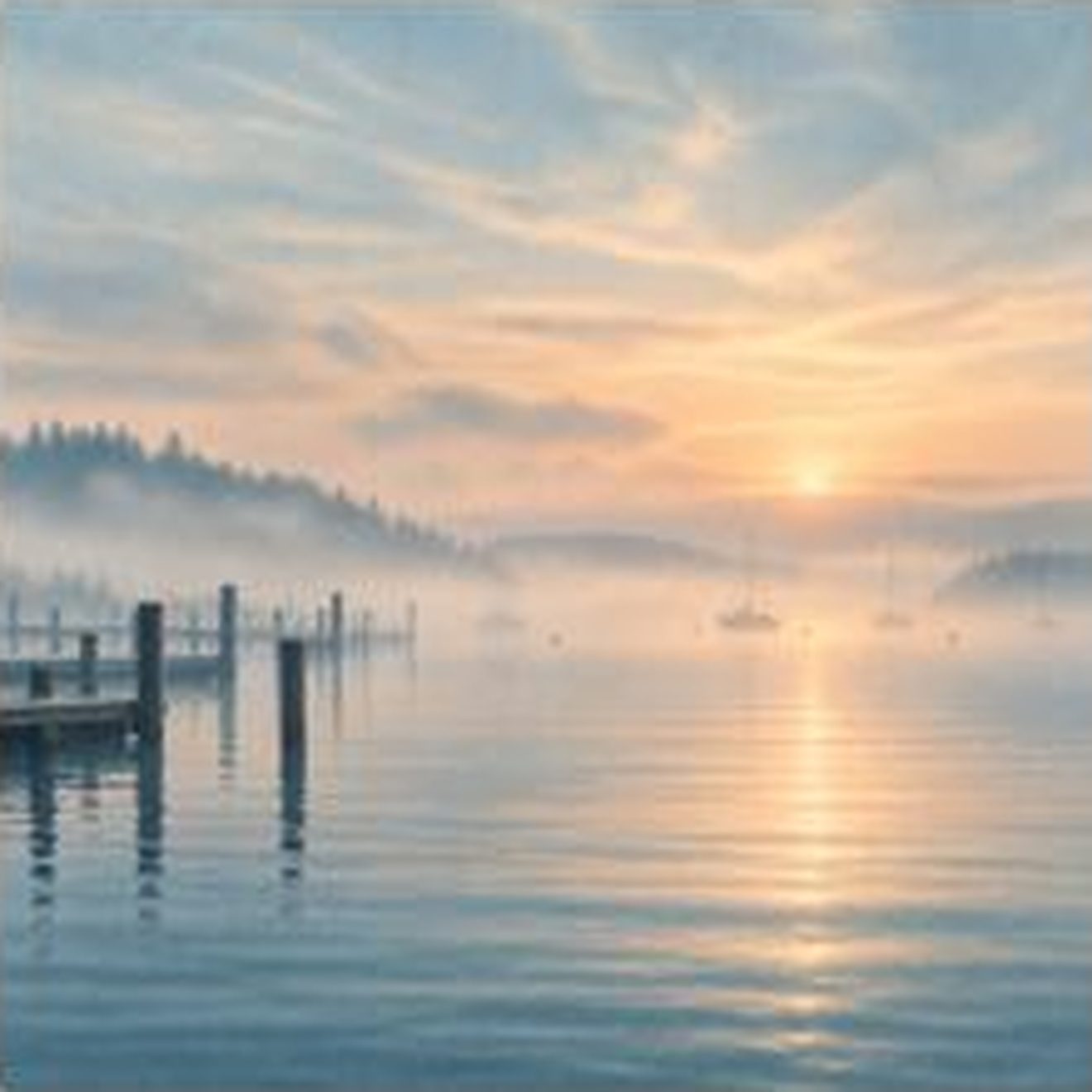A misty harbor at dawn