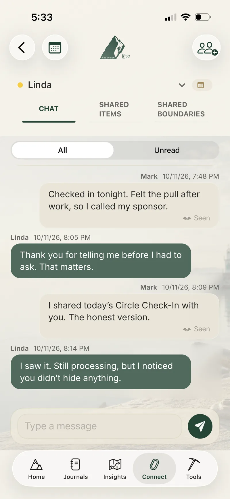Ascension in-app chat between two accountability partners, with Chat, Shared Items, and Shared Boundaries tabs