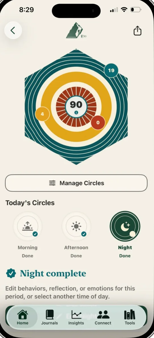 Ascension Sobriety Check-In with morning, afternoon, and night reviews
