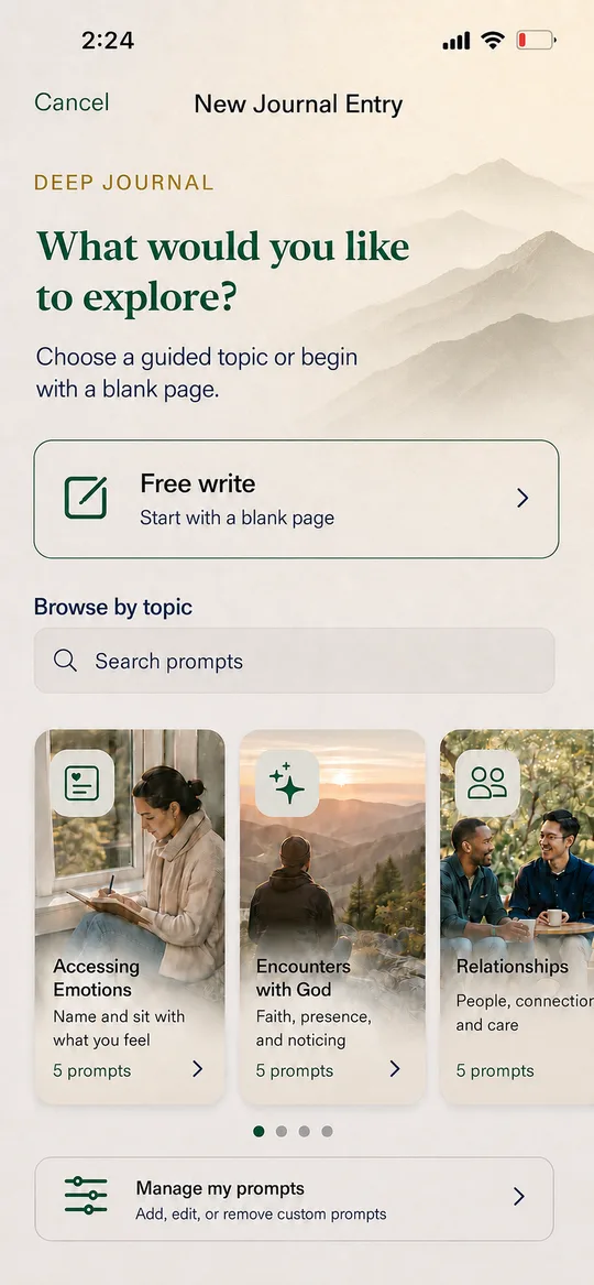 Ascension Deep Journal prompt chooser with free write and guided topics
