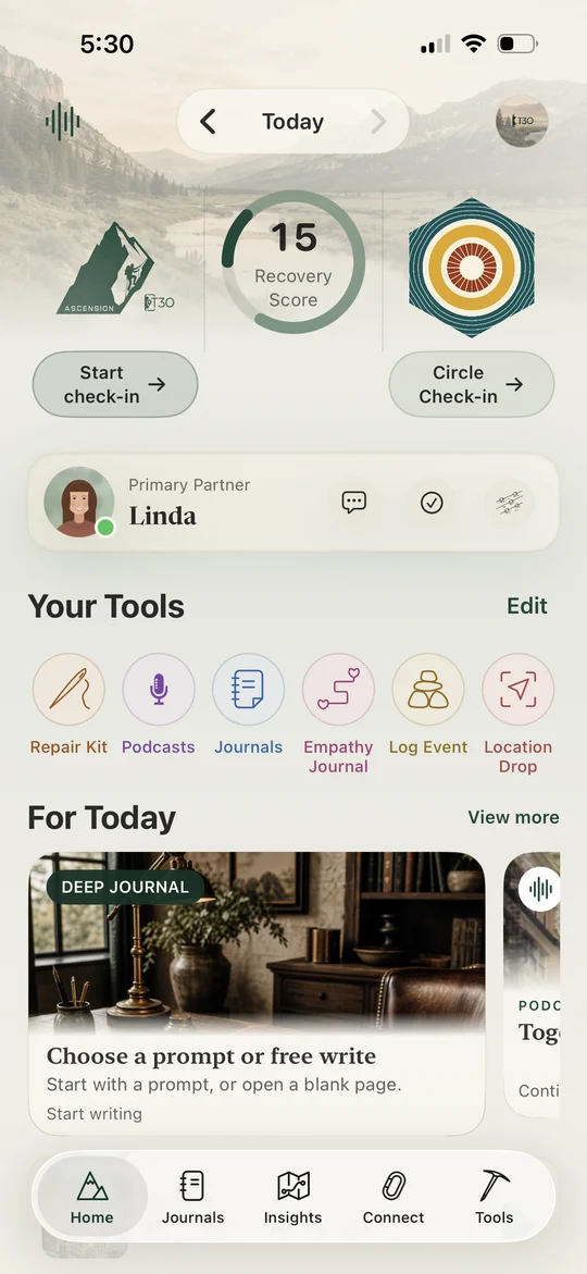 Ascension Home with Start check-in, Recovery Score, Sobriety Check-in, your accountability partner, Your Tools, and a Deep Journal card for today
