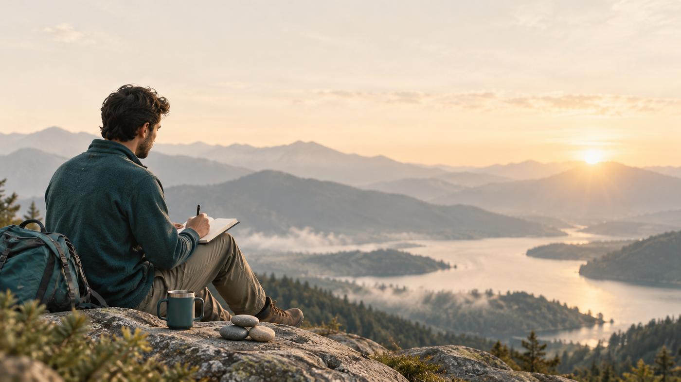 A man journaling on a ridge above a lake at sunset