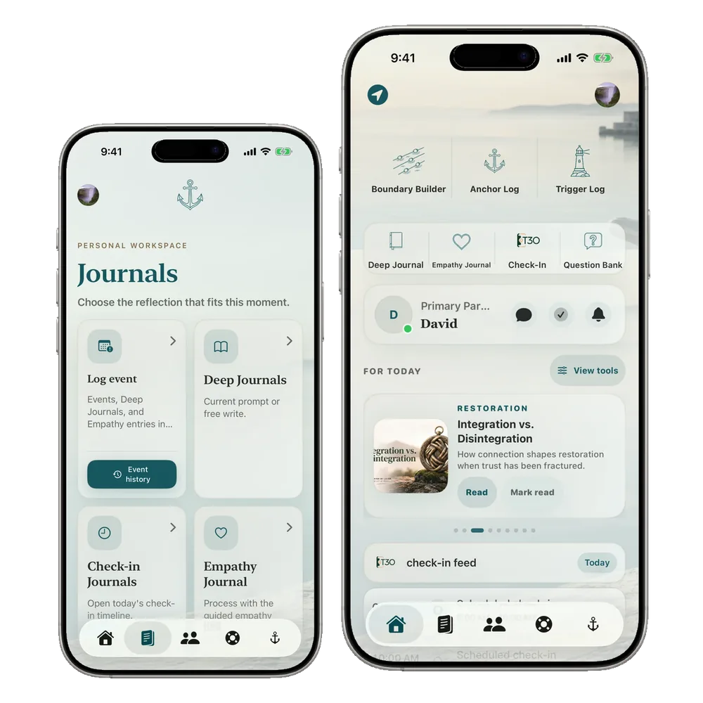 Anchored journal area and Anchored home shown in two complete iPhone 16 devices