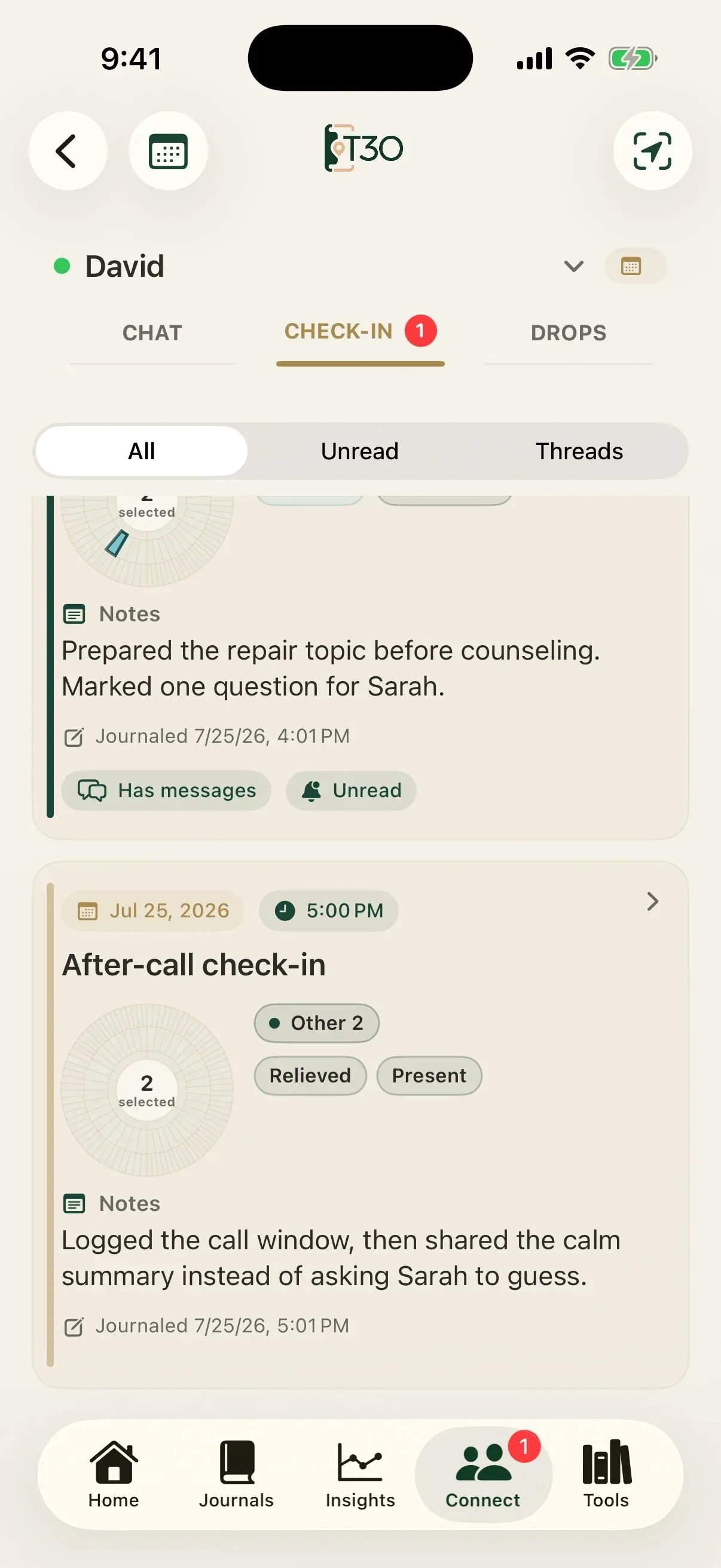 Anchored partner feed showing a check-in David chose to share