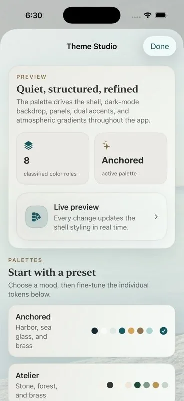 Theme Studio palette presets and live preview in Anchored