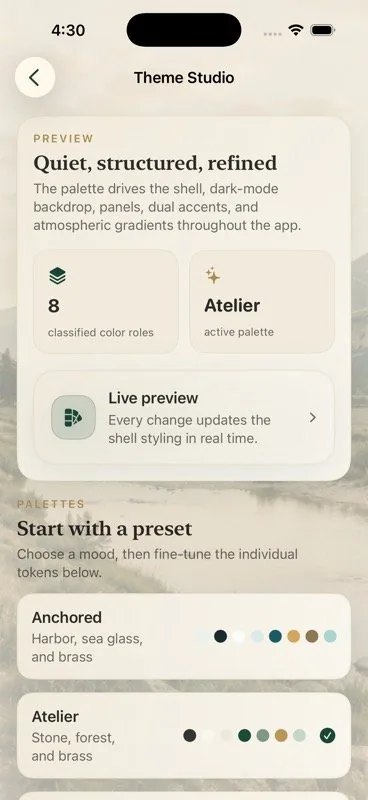 Theme Studio palette presets and live preview in Ascension