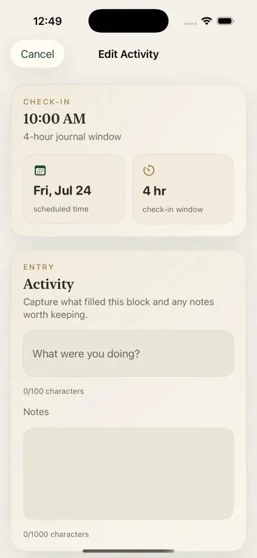 Ascension by T30 Check-In Journal entry screen